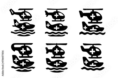 Rescue Aircraft Logos. Helicopters and aircraft involved in rescue operations. Set Logo of helicopters and aircraft involved in rescue operations: amphibious