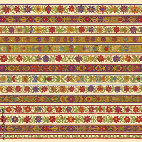 Vibrant floral and geometric borders showcase rich historical patterns for decorative design projects