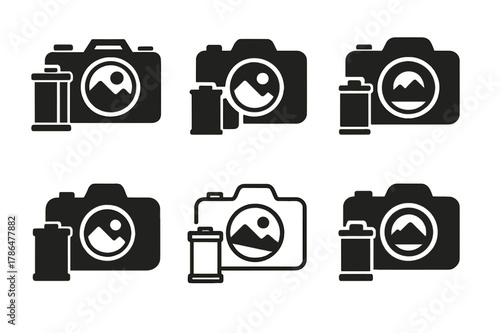Photography Logo Variations. Photography and capturing scenic views. Set Logo of Photography and capturing scenic views: vintage camera with film roll. Icon