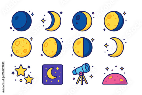 Colorful Celestial Icons. Celestial phases. Colorful isometric vector icons set of celestial phases: new moon, waxing crescent, first quarter, waxing gibbous,