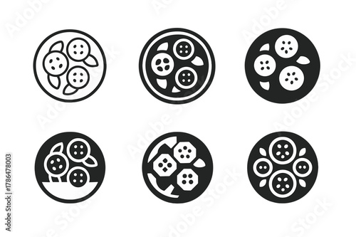 Salad Bowl Logos. Salad bowl. Icon set. Set Logo of salad bowl: top-down salad bowl with tomatoes and cucumbers. harmonious logo variations of the same