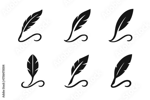 Quill Logo Variations. Handwriting practice worksheet. Set Logo of Handwriting practice worksheet: quill drawing flowing letters. Icon set. harmonious logo