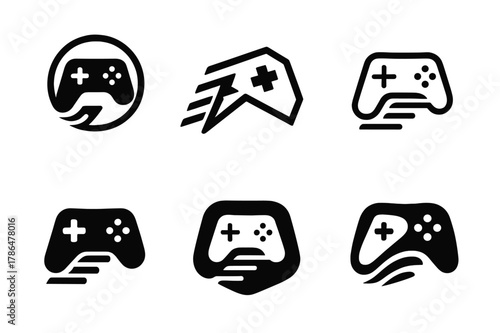 E-Sports Icon Set. Immersive video gaming and e-sports. Icon set. Set Logo of immersive video gaming and e-sports: gaming controller with light