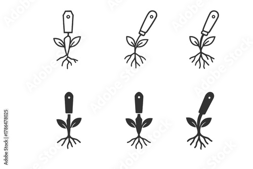 Hori-Hori Logo Variations. Pulling weeds. Set Logo of Pulling weeds: hori-hori weeding knife with roots. Icon set. harmonious logo variations of the same