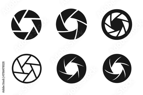 Digital Camera Logos. Digital cameras. Set Logo of Digital cameras: aperture blades forming iris in lens. Icon set. harmonious logo variations of the same