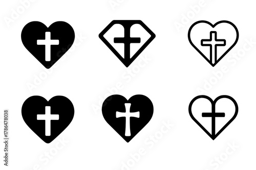 Heart Cross Logo Variations. Christian denominations and their beliefs. Set Logo of Heart with cross: symbol of love and faith. Icon set. harmonious logo