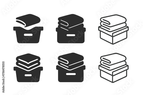 Attic Storage Logos. Reorganizing the attic for more storage. Set Logo of folded fabric and containers: Negative space, Filled silhouette, Minimal outline,