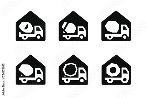 Concrete Mixer Grid. Concrete truck drivers delivering materials to sites. Set Logo of residential site house outline with mixer: Iconic shape, Flat solid,