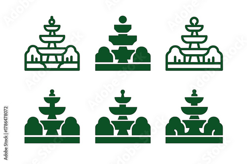 Landscaping Logo Variations. Property landscaping and curb appeal. Set Logo of property landscaping and curb appeal: tiered fountain centered among trimmed