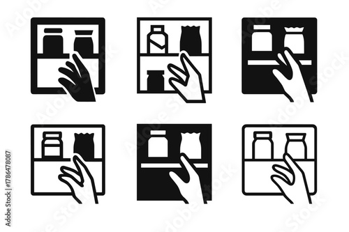 Forgotten Treat Logos. Finding a forgotten treat or snack in your pantry. Set Logo of Forgotten treat: hand reaching into pantry. Icon set. harmonious logo