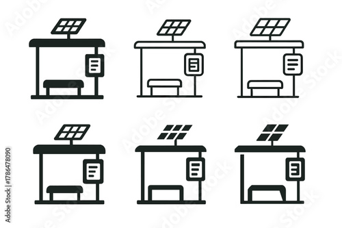 Urban Living Icons. Innovative solutions for urban living. Icon set. Set Logo of innovative solutions for urban living: solar-powered bus stop with e-ink