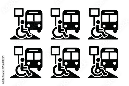Curb Ramp Logos. Accessible transportation. Set Logo of curb ramp at bus stop: Iconic shape, Minimal outline, Flat solid, Stylized detail, Negative space,