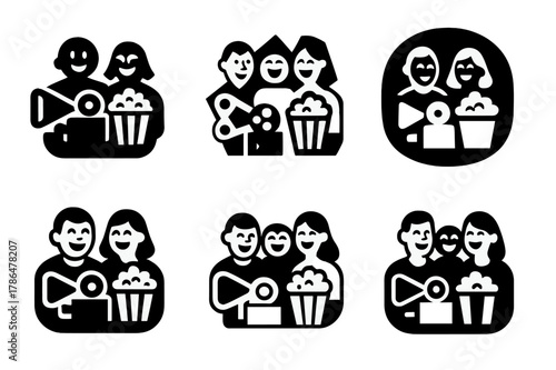 Family Movie Night. A family laughing together, enjoying quality time during the weekend. Icon set. Set Logo of A family laughing together, enjoying quality