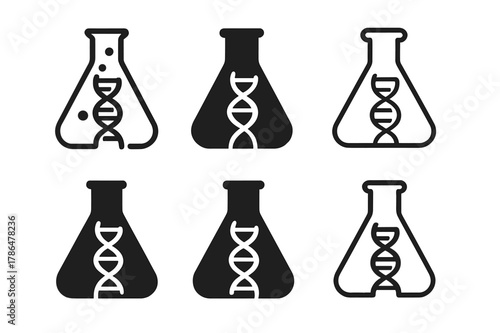Genetic Modification Logos. Genetic modification. Set Logo of genetic modification: lab flask merging with DNA spiral. Icon set. harmonious logo variations of