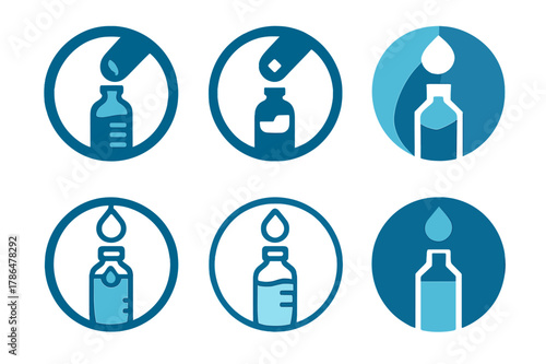 Water Refill Icons. Refilling a water bottle. Set Logo of Refilling a water bottle: circular water refill icon. Icon set. harmonious logo variations of the