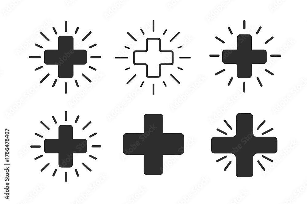 Fototapeta premium Medical Cross Logos. Medical cross symbol. Set Logo of Medical cross symbol: cross with radiating lines of care or light. Icon set. harmonious logo variations