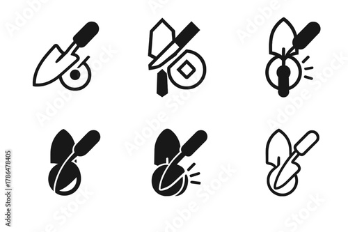 Gardening Tool Logos. Sharpening gardening tools. Icon set. Set Logo of sharpening gardening tools: blade edge detail. harmonious logo variations of the same