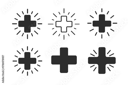 Medical Cross Logos. Medical cross symbol. Set Logo of Medical cross symbol: cross with radiating lines of care or light. Icon set. harmonious logo variations