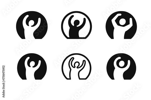 Morning Stretch Logos. Morning wake-up. Set Logo of Morning wake-up: person stretching arms overhead. Icon set. harmonious logo variations of the