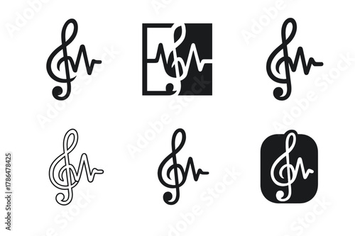 Music Genre Icon Set. Genre blending in music. Icon set. Set Logo of genre blending in music: treble clef intertwined with waveform. harmonious logo variations