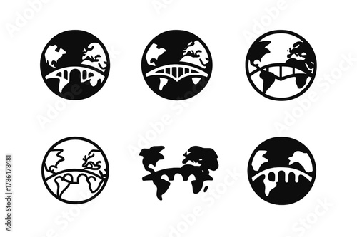 Global Cooperation Logos. Global cooperation. Set Logo of Global cooperation: bridge connecting continents. Icon set. harmonious logo variations of the same