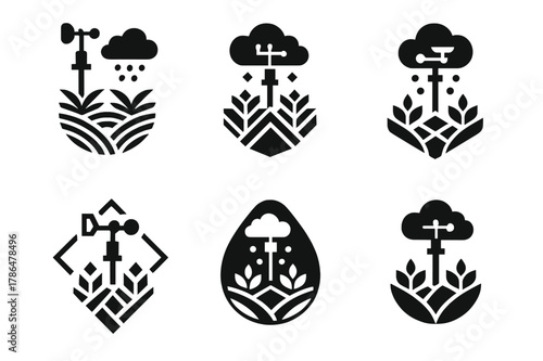 Hailstorm Prevention Logos. Hailstorm damage prevention in agriculture. Icon set. Set Logo of Hailstorm damage prevention in agriculture: automated weather