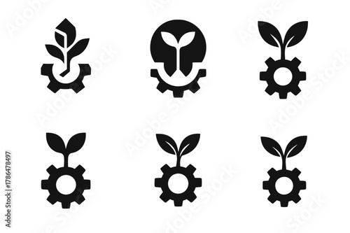 Innovative Growth Logos. Startups and innovation. Set Logo of startups and innovation: seedling growing from a gear base. Icon set. harmonious logo variations
