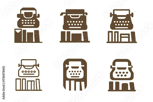 Vintage Electronics Logos. Decorating with vintage electronics. Set Logo of Decorating with vintage electronics: vintage typewriter on bookshelf. Icon set.