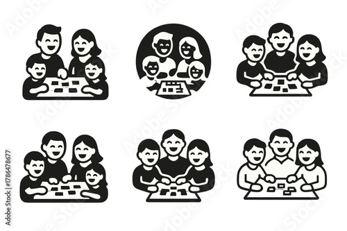 Family Game Night. A family laughing together, enjoying quality time during the weekend. Icon set. Set Logo of A family laughing together, enjoying quality