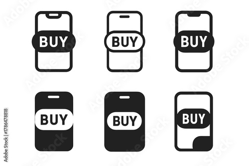 Shopping Logo Variations. Online shopping. Set Logo of online shopping: smartphone with buy button. Icon set. harmonious logo variations of the same emblematic