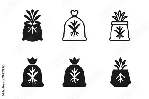 Weed Pulling Logos. Pulling weeds. Set Logo of Pulling weeds: yard waste bag with weeds. Icon set. harmonious logo variations of the same emblematic concept,