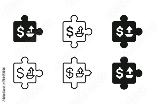 Tariff Puzzle Emblems. tariff negotiations. Set Logo of tariff negotiations: puzzle pieces with trade symbols connecting. Icon set. harmonious logo variations