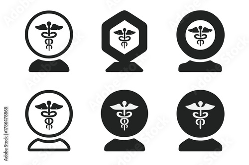 Telemedicine Logo Grid. Telemedicine consultations. Set Logo of webcam with caduceus symbol: Iconic shape, Abstract geometric, Minimal outline,