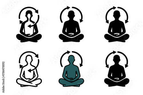 Mindfulness Logo Variations. A person practicing mindfulness and breathing exercises for self-improvement. Set Logo of A person practicing mindfulness and