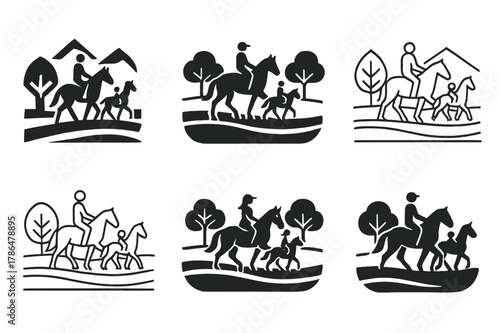 Family Horseback Riding Logos. A family riding horses through a farm?s open pasture. Icon set. Set Logo of a family riding horses through a farm?s open