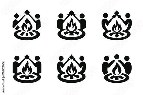 Campfire Gathering Logos. Friends gathering. Set Logo of friends gathering: campfire ring with people toasting marshmallows. Icon set. harmonious