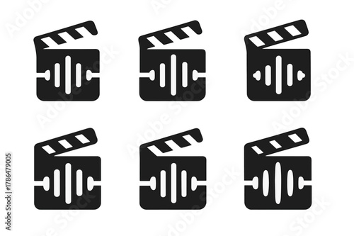Podcast Culture Logos. The rise of podcasts and their cultural impact. Set Logo of clapboard merging into waveform: Minimal outline, Abstract geometric, Filled
