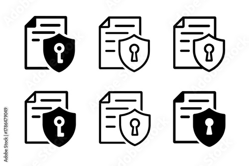 Intellectual Property Logos. Lawyers and clients discussing intellectual property cases. Set Logo of NDA briefing: shield over document with keyhole. Icon set.