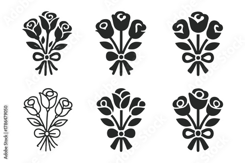 Valentine's Icon Set. Valentine?s Day celebrations and gifts. Set Logo of Valentine?s Day celebrations and gifts: bouquet of roses with ribbon. Icon set.