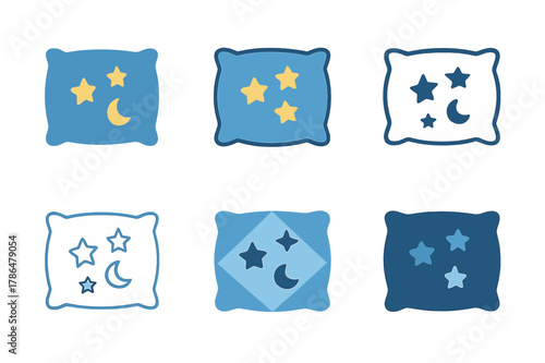 Sleep Symbol Logos. The importance of sleep. Set Logo of the importance of sleep: pillow with star pattern. Icon set. harmonious logo variations of the same