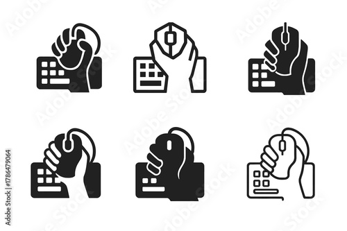 E-Sports Logo Variations. Immersive video gaming and e-sports. Icon set. Set Logo of immersive video gaming and e-sports: hand gripping mouse and keyboard.