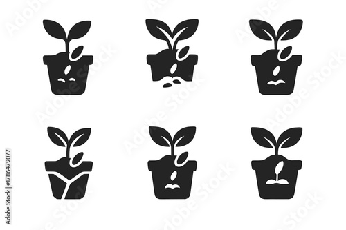 Seed Planting Logos. Planting seeds. Icon set. Set Logo of Planting seeds: biodegradable paper pots. harmonious logo variations of the same emblematic concept,