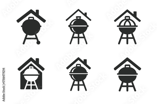 Barbecue Logo Variations. Home barbecues and outdoor kitchens. Icon set. Set Logo of home barbecues and outdoor kitchens: portable charcoal kettle grill.