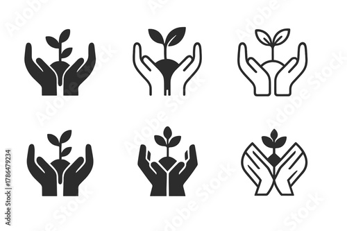 Volunteering Logo Variations. Volunteering. Set Logo of Volunteering: hands planting a tree. Icon set. harmonious logo variations of the same emblematic