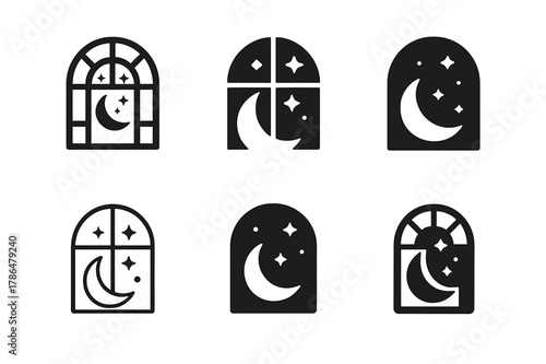 Peaceful Slumber Logos. Peaceful slumber. Set Logo of Peaceful slumber: starry night window scene. Icon set. harmonious logo variations of the same emblematic
