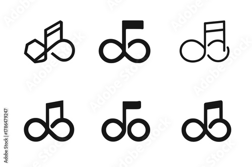 Music Genre Fusion Logos. Genre blending in music. Icon set. Set Logo of genre blending in music: music genre fusion symbol (infinity note). harmonious logo