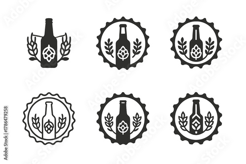 Craft Beer Logo Designs. Home-brewed beer making and bottle design. Set Logo of home-brewed beer making and bottle design: bottle cap. Icon set. harmonious