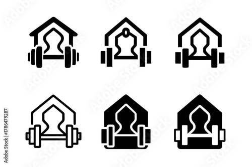 Home Fitness Icons. Fitness at home. Icon set. Set Logo of Fitness at home: dumbbell and resistance band combo. harmonious logo variations of the