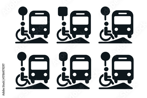Curb Ramp Logos. Accessible transportation. Set Logo of curb ramp at bus stop: Iconic shape, Minimal outline, Flat solid, Stylized detail, Negative space,