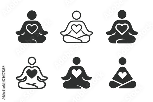 Self-Compassion Icon Set. Self-compassion and self-acceptance practices. Icon set. Set Logo of Self-compassion and self-acceptance practices: meditating